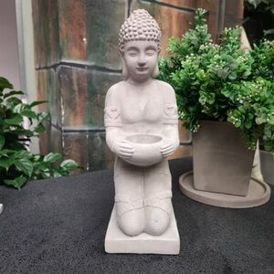 Large Kneeling Buddha Candle Holder Statue in Stone Gray